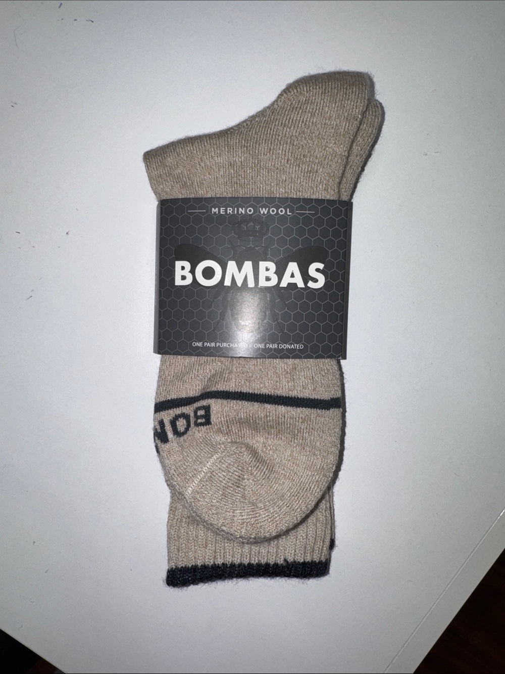 Bombas Merino Wool Crew Socks in Tan with Black Trim